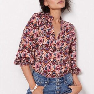 Evereve‎ | Sonja Ikat Smocked Blouse | 3/4 length sleeves lightweight | Size XS